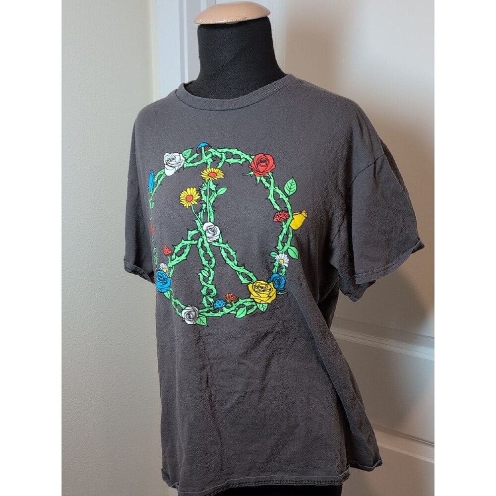 Charcoal Tee with Green Vines And Flower Peace Sign